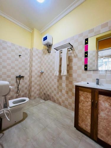 a bathroom with a toilet and a sink at Boshowa Villas in Nungwi