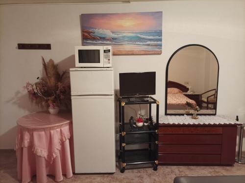 un forno a microonde sopra un frigorifero accanto a uno specchio di Pensión- Mari Loli - Oficial a Guardamar del Segura