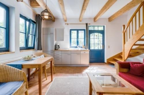cocina y sala de estar con techos de madera en 2-Raum Apartment bis 4 Pers 13 en Rankwitz