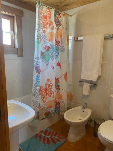 a bathroom with a toilet sink and a shower curtain at Chalé 21 in Cortes do Meio