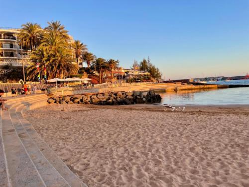 ein Sandstrand mit einer Gruppe von Vögeln darauf in der Unterkunft Ferienwohnung am Strand - 2 Schlafzimmer in Arguineguín