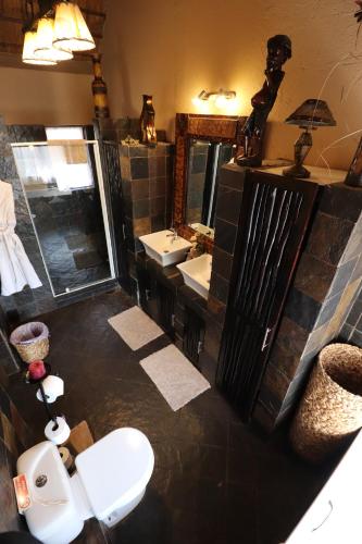 a bathroom with a toilet and a sink and a mirror at African Rock Lodge in Hoedspruit