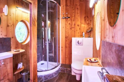 a bathroom with a shower and a toilet and a sink at Saint Martin Le Vinoux Maison in Saint-Martin-le-Vinoux