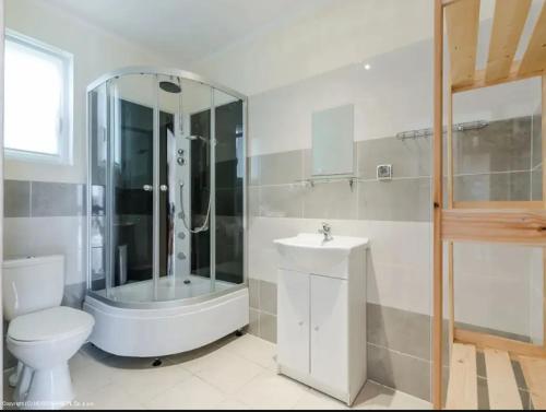 ミエレンコにあるDomki wczasowe "Anna" - dom wakacyjny na wyłączność 75 m2のバスルーム(シャワー、トイレ、シンク付)