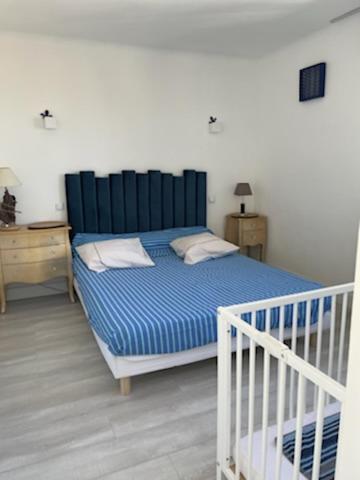 une chambre avec un lit avec une couette bleue dans l'établissement Les pieds dans l'eau, au Grau-dʼAgde