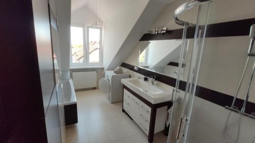 uma casa de banho com um lavatório e um chuveiro em Apartament Prosta Kielce em Kielce