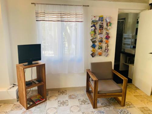 een woonkamer met een televisie en een stoel bij Studio Tudo Bem in Villeneuve-lès-Avignon