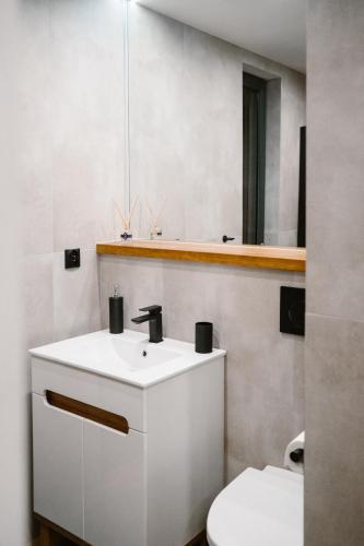 a bathroom with a white sink and a toilet at Całoroczny Domek na Podlasiu PoWolność in Grodzisk