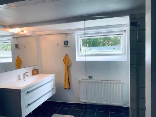 a bathroom with a sink and a shower with a window at Room in a Danish cottage with garden view, 10 min to CPH in Gentofte