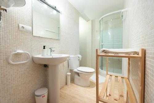 La salle de bains est pourvue d'un lavabo, de toilettes et d'une douche. dans l'établissement Brisa del Delta, à L'Ampolla