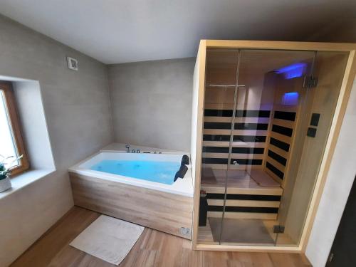La salle de bains est pourvue d'une baignoire avec une porte en verre. dans l'établissement Apartments Hlapi with SPA, à Kobarid