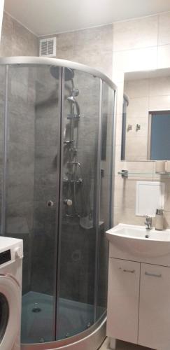 y baño con ducha y lavamanos. en Apartament Jakubek II, en Polkowice