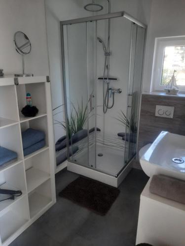 a bathroom with a glass shower and a sink at Exklusive Wohnoase mit 3 Schlafzimmern MwSt ausweisbar großer Balkon in toller Lage von Melsungen in Melsungen