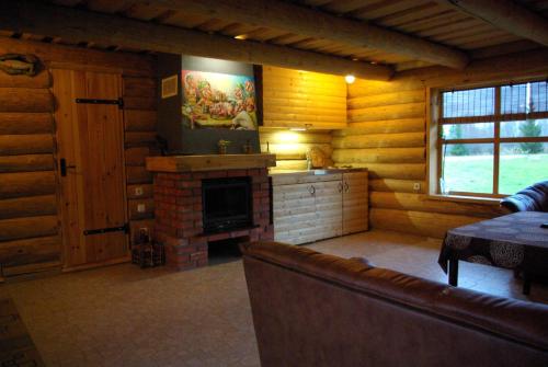a living room with a fireplace in a log cabin at Tatra Holiday House in Tatra