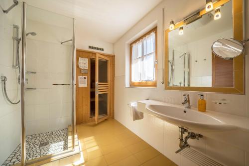 La salle de bains est pourvue d'un lavabo et d'une douche. dans l'établissement Naturresidenz Theistadl Apt 201, à Pracupola