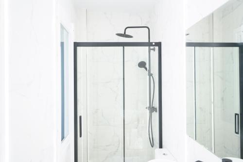 a shower with a glass door in a bathroom at APARTAMENTOS LA FLORA BURGOS todos con aire acondicionado y ascensor in Burgos