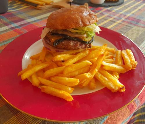 a plate with a hamburger and french fries on a table at Chambres d'hôtes de la pilatière in Persac