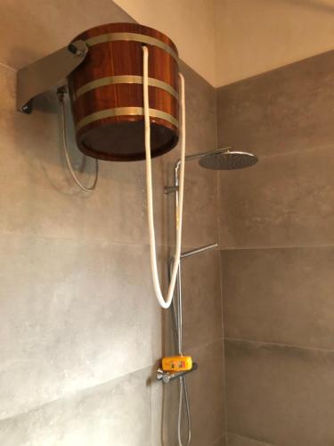 La salle de bains est pourvue d'une douche avec une lumière en bois. dans l'établissement Welness gastenverblijf Carpe Diem, à Opglabbeek