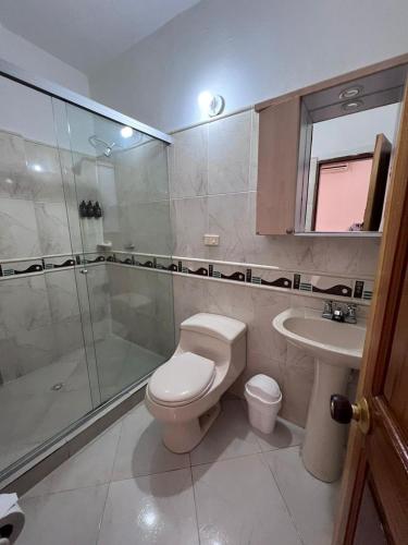 a bathroom with a toilet and a shower and a sink at Curazao Hotel -Centro Histórico- in Santa Fe de Antioquia