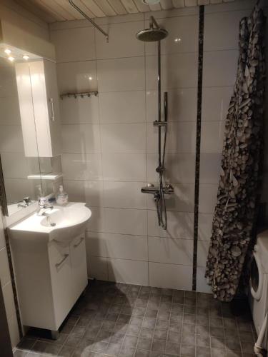 a bathroom with a sink and a shower at Rukansyli 2 in Ruka