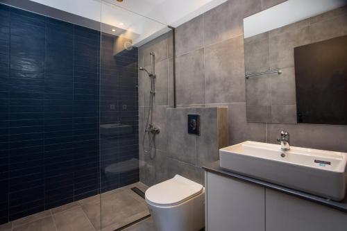 e bagno con servizi igienici, lavandino e doccia. di VM Apartments a Città di Rodi