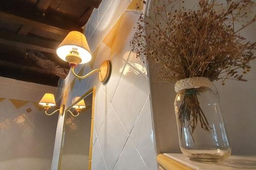 Una lámpara junto a un jarrón con flores dentro. en Apartamento Sefardí, Barrio Judío de Hervás, en Hervás