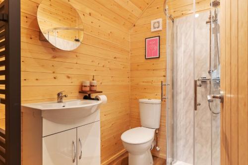 a bathroom with a toilet and a sink and a shower at Blaenplwyf Luxury Countryside Shire Pods with Hot Tubs in Lampeter