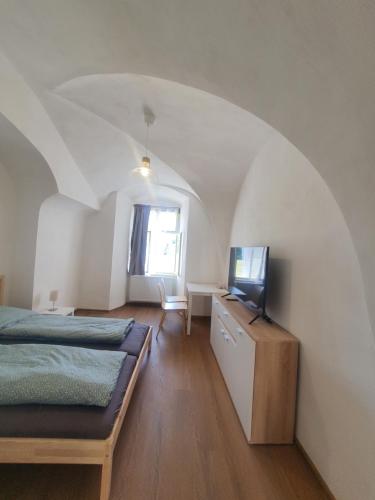 a bedroom with a bed and a flat screen tv at Zámek Ruda nad Moravou in Ruda na Moravě