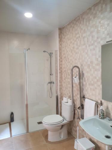 a bathroom with a toilet and a sink and a shower at Hostal Rural 18 de Abril in Olite