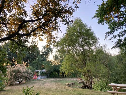 a park with a bench and trees in the background at Cabane Bivouac avec échelle à l'ombre des chênes in Idrac-Respailles