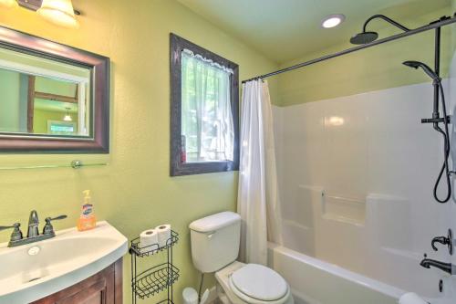 a bathroom with a toilet and a sink and a shower at Serene Smoky Mountains Cabin Near Chatuge Lake in Hayesville