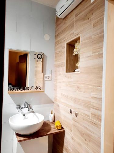 a bathroom with a white sink and wooden walls at Kuća za odmor Alea Rustica Daruvar in Daruvar
