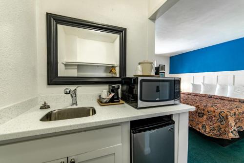 a hotel room with a sink and a microwave at Captain's Table Hotel by Everglades Adventures in Everglades City