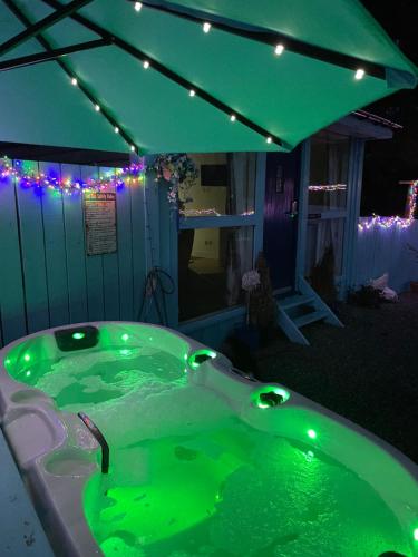 Bankhead Accommodation with Hot Tub Aberdeenshire في Gamrie: حوض استحمام أخضر في حديقة خلفية مع أضواء