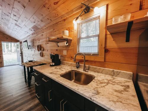 a kitchen with a sink and a wooden wall at Cabin #8 Studio With Kitchenette in Hartwell