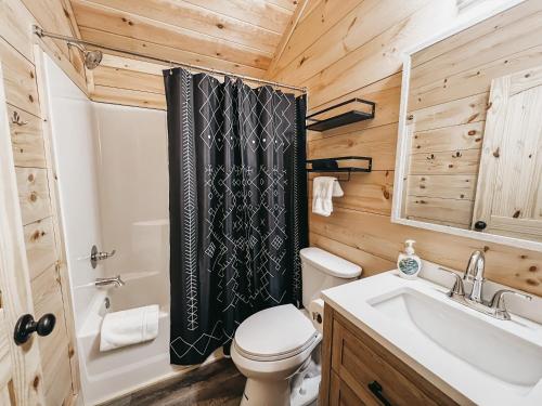a bathroom with a toilet and a sink and a shower at Cabin #9 One Bedroom W Kitchenette in Hartwell