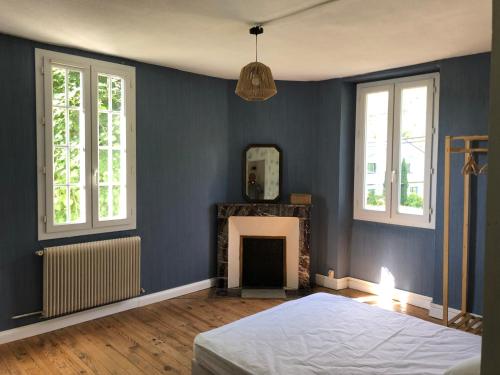 ein blaues Schlafzimmer mit einem Bett und einem Kamin in der Unterkunft Petite maison avec terrasse in Jurançon