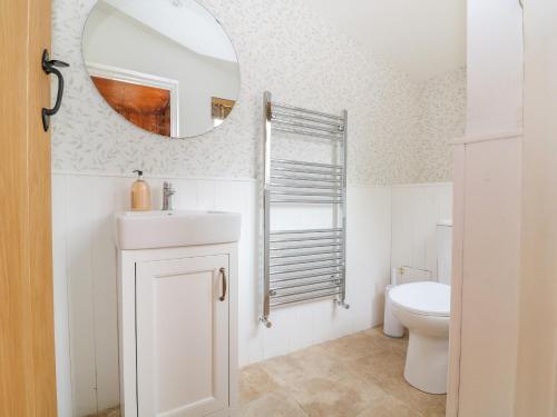 a bathroom with a white toilet and a mirror at Halfpenny Cottage in Lechlade