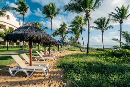 a row of chaise lounges on a beach with palm trees at Iberostar Waves Bahia - All Inclusive in Praia do Forte