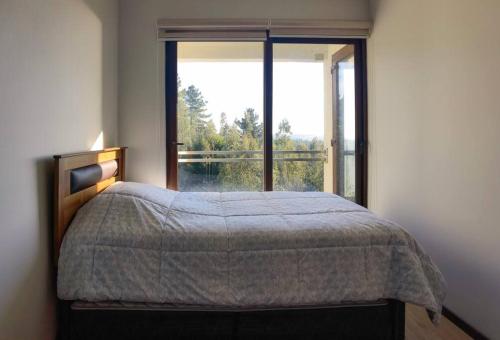 - une chambre avec un lit et une grande fenêtre dans l'établissement CASA EN ALTAS CUMBRES DE PINGUERAL, à Concepción