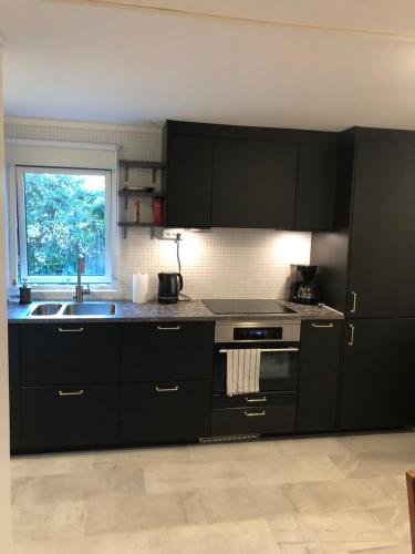 cocina con armarios negros, fregadero y ventana en A Beautiful one bedroom apartment en Estocolmo