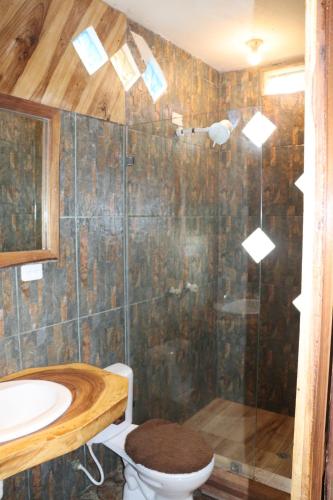 ein Bad mit einer Dusche, einem WC und einem Waschbecken in der Unterkunft Diosa de la Montaña in Jama