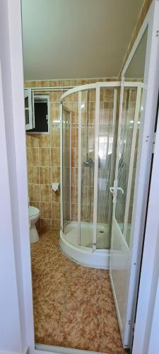 La salle de bains est pourvue d'une douche et de toilettes. dans l'établissement LaNoi LaVoi, à Mangalia