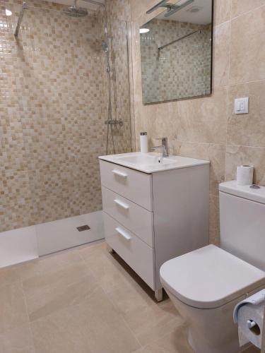 a bathroom with a toilet and a sink and a shower at Piso El Prau in Suances