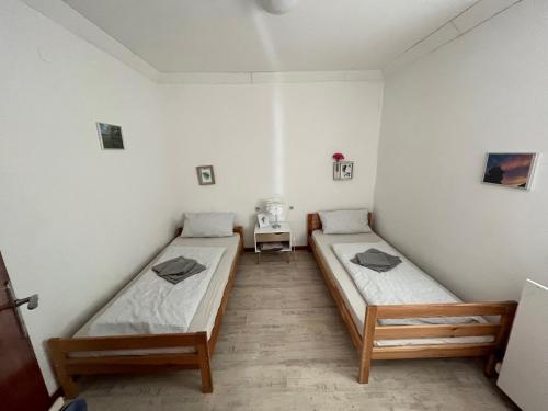 een kamer met 2 bedden in een kamer bij Traumhaftes Poolhaus am idyllischen Ortsrand in Blaubeuren