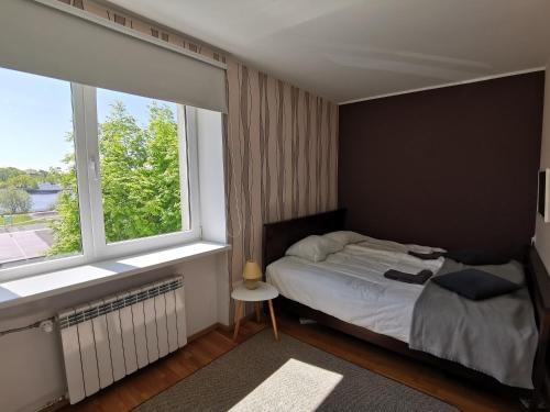 een slaapkamer met een bed en een groot raam bij Kesklinna silla apartment in Pärnu