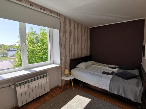 a bedroom with a bed and a large window at Kesklinna silla apartment in Pärnu