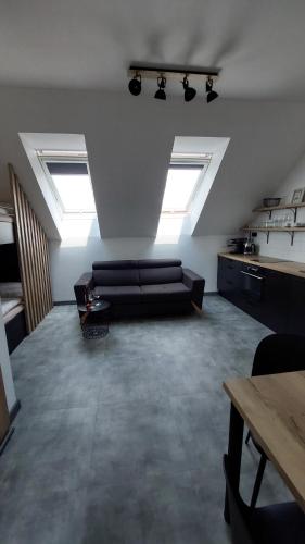ein Wohnzimmer mit einem Sofa und zwei Oberlichtern in der Unterkunft Apartmán Po schodech nahoru in Bořetice