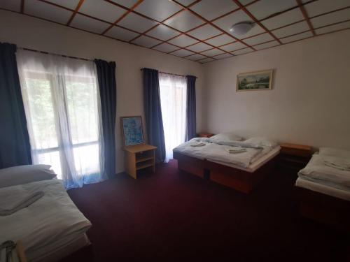 a room with two beds and two windows at Apartmány pod Landštejnem in Staré Město