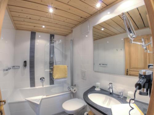 a bathroom with a sink and a toilet and a mirror at Hotel Grüner Baum in Würzburg